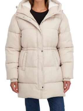Women's Hooded Puffer Coat in Light Beige - Insulated Winter Jacket